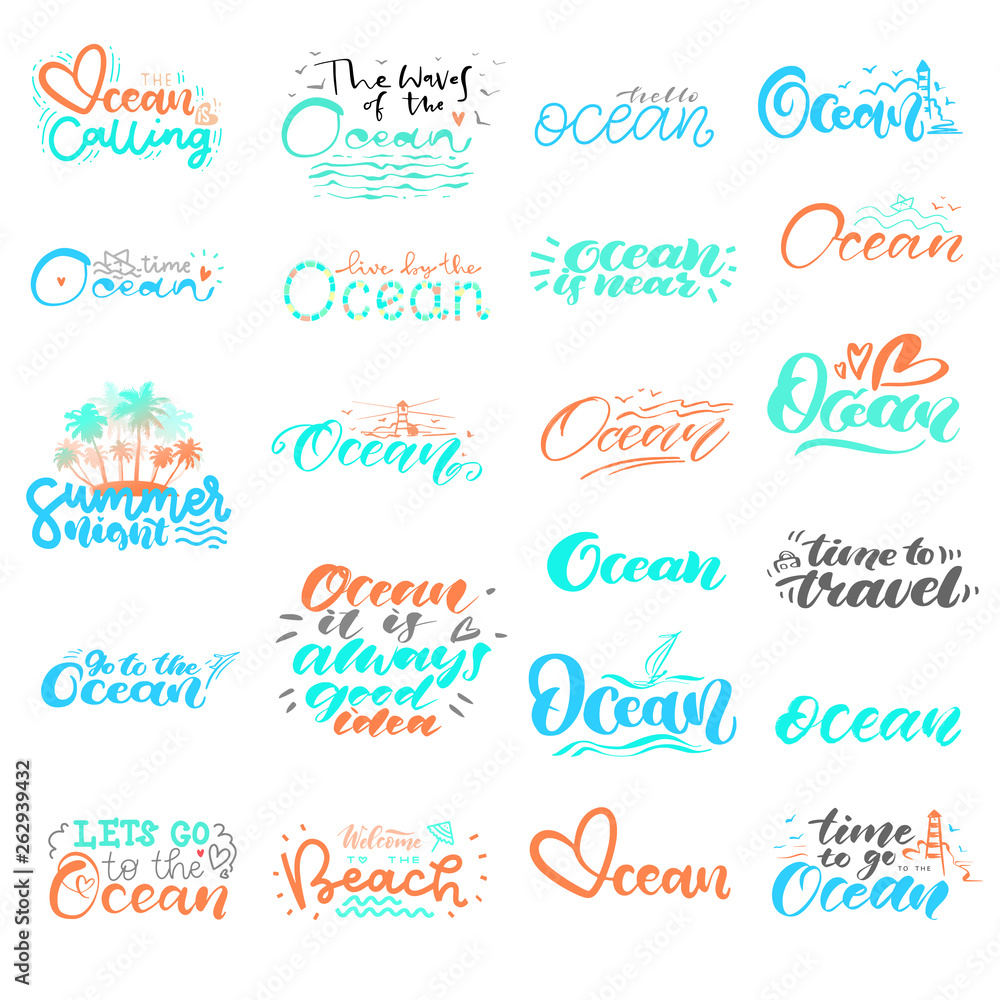 Big set of hand lettering about Ocean with doodle elements