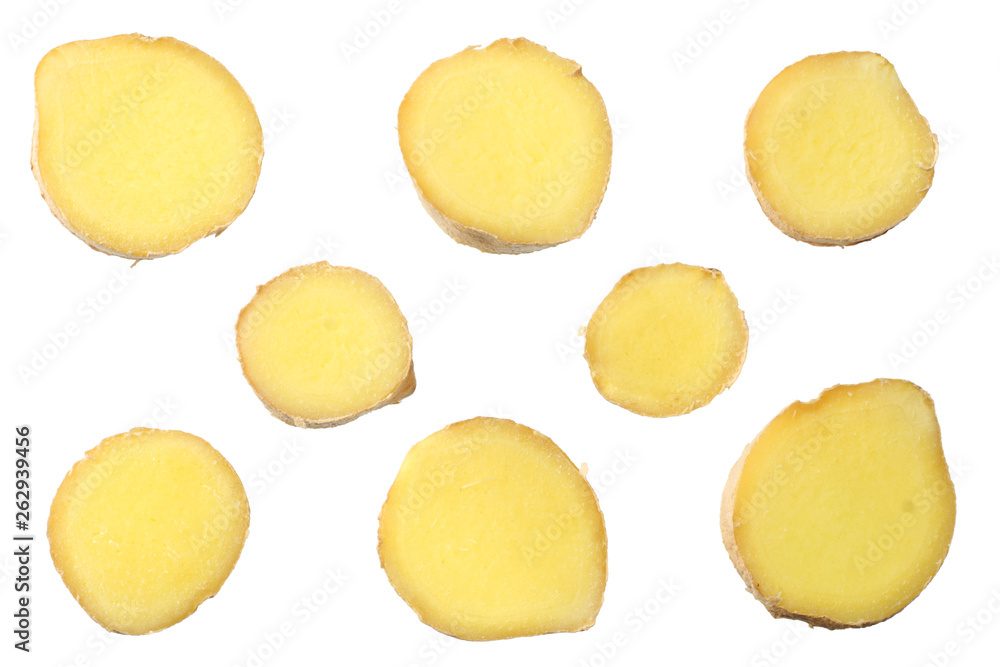 sliced ginger isolated on white background top view sliced ginger isolated on white background top view