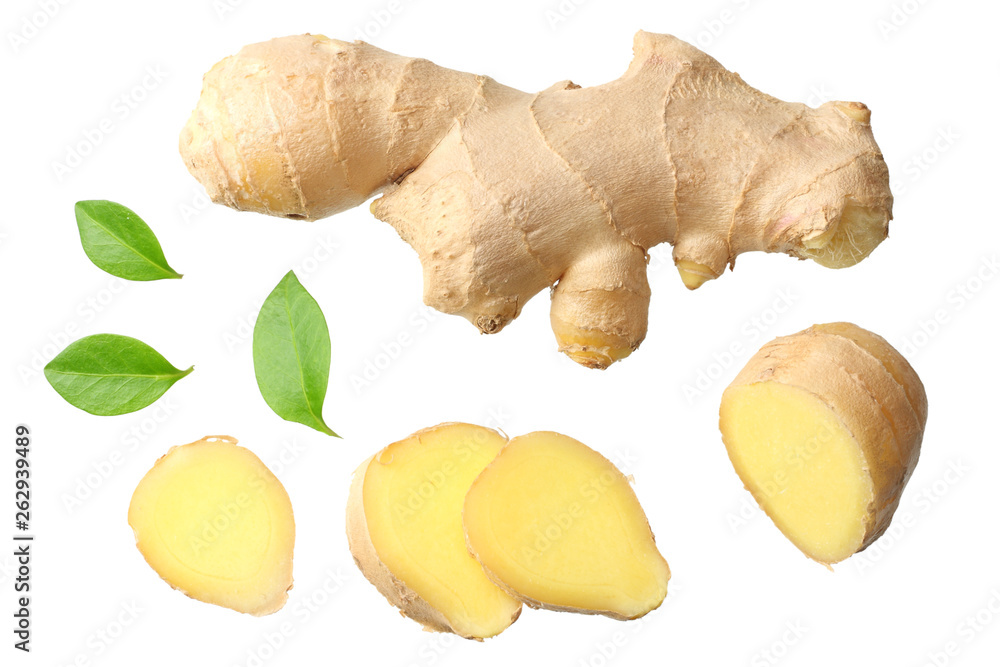 Fototapeta premium sliced ginger with leaves isolated on white background top view