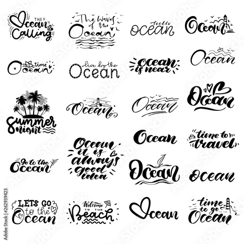 Big set of hand lettering about Ocean with doodle elements