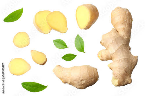 sliced ginger with leaves isolated on white background top view photo