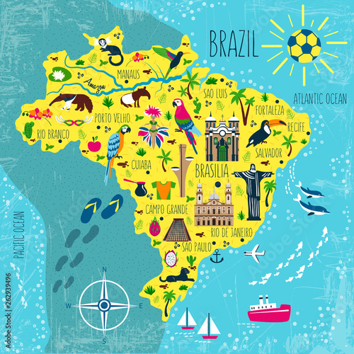 Brazil illustrated map vector, South America geographic cartoon banner template with landmarks, museum, church, traditional food, Brazilian carnival, animal and flowers, design for travel poster, card