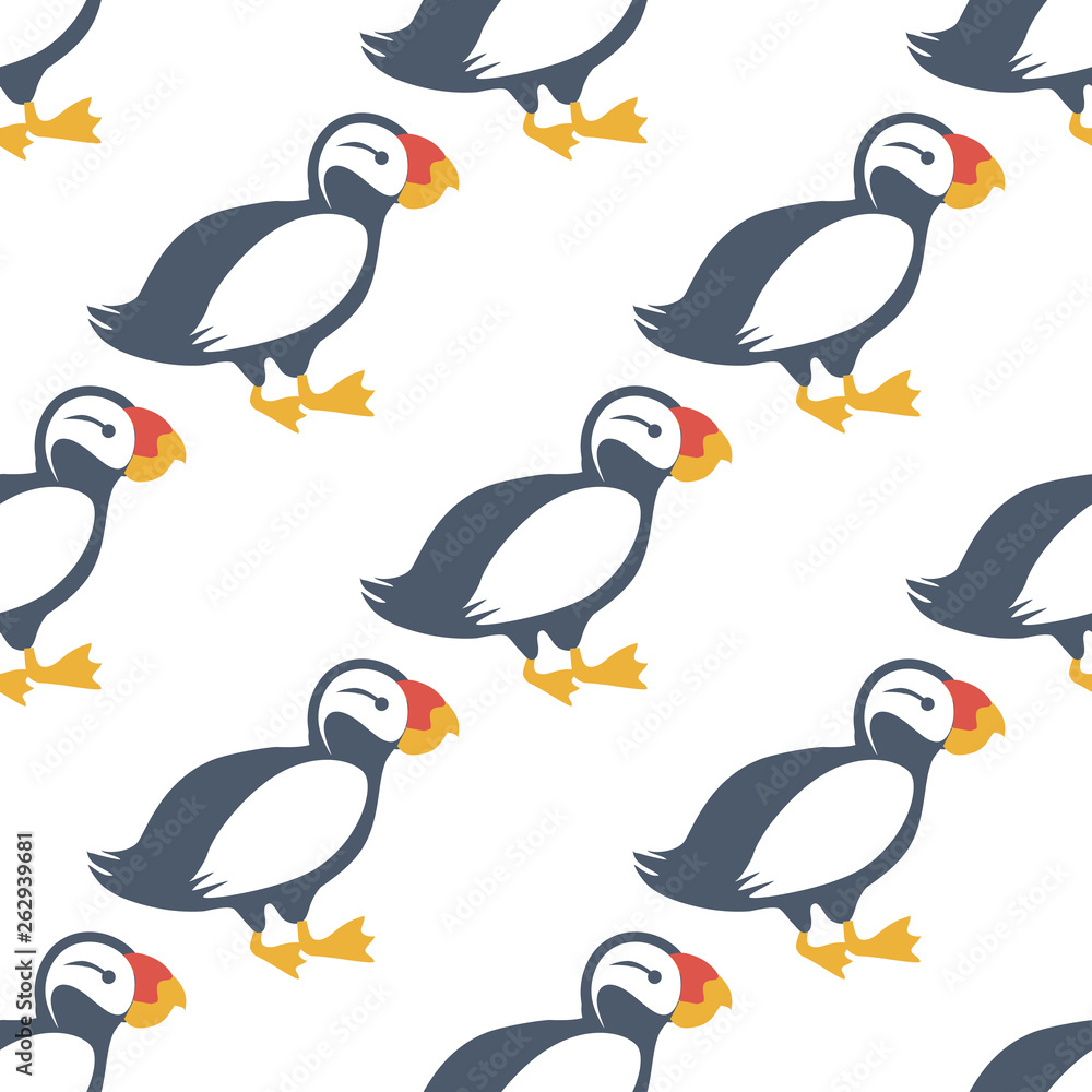 Fototapeta premium Seamless pattern Icelandic puffin bird isolated on white background, vector cartoon decoration illustration, Atlantic Arctic wild animal, species of seabird, flat style character design for wallpaper