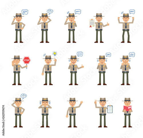 Set of sheriff characters showing diverse actions, gestures, emotions. Cheerful policeman talking on phone, holding stop sign, reading a book and doing other actions. Simple vector illustration