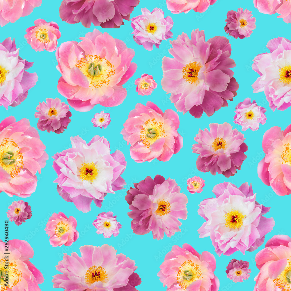 Seamless pattern with pink peonies on a blue background.