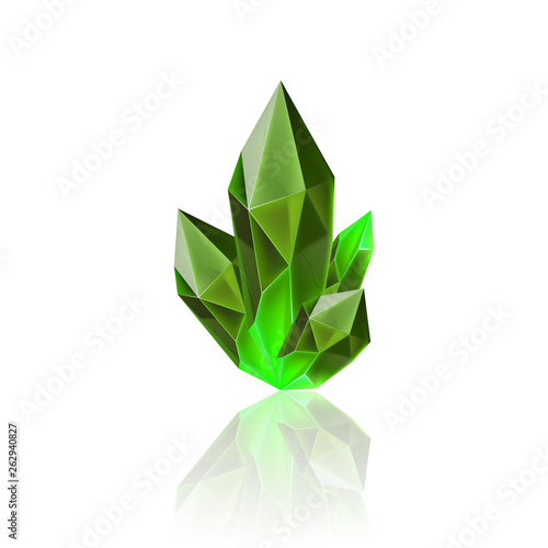 Magic Green Crystal with Sparkle. Decoration icon for Games. Cartoon crystals Illustration. Stone Healing Energy on White Background