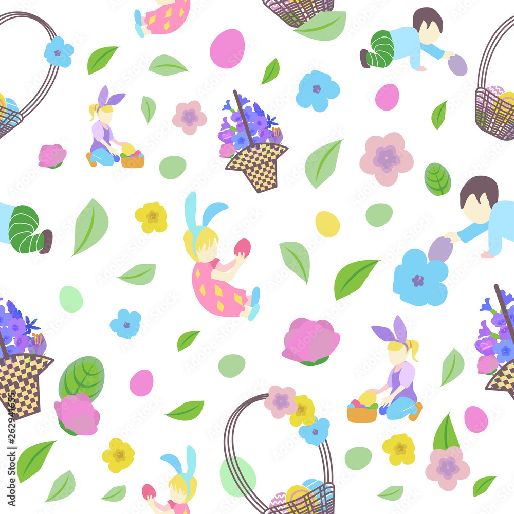 pattern with little boy and girl in different poses, easter eggs, basket and branch with leaves and flowers pattern with little boy and girl in different poses, easter eggs, basket and branch with leaves and flowers