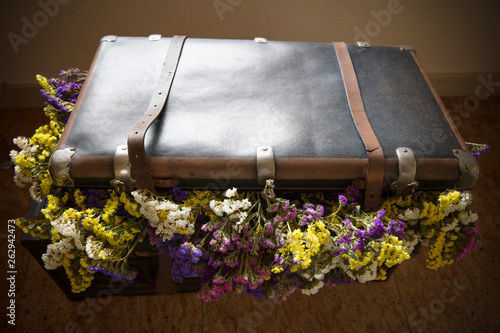 Old Leather Suitcase stuffed full of wild Flowers Radomsko Poland. A conceptual and evocative interior decoration photo