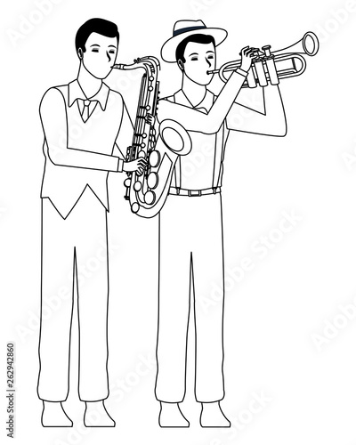 musicians playing saxophone and trumpet black and white