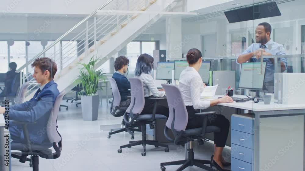 Diverse Team of Business Managers and Specialists Work on Desktop Computers with Two Rows of Tables Side by Side. Young and Motivated Business people in Modern Open Office. Diverse Team of Business Managers and Specialists Work on Desktop Computers with Two Rows of Tables Side by Side. Young and Motivated Business people in Modern Open Office.