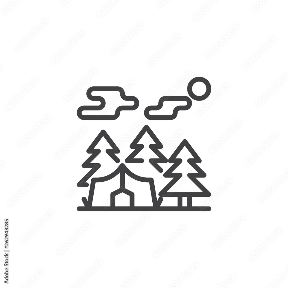 Camp tent and forest trees line icon. linear style sign for mobile concept and web design. Forest camping shelter outline vector icon. Symbol, logo illustration. Pixel perfect vector graphics Camp tent and forest trees line icon. linear style sign for mobile concept and web design. Forest camping shelter outline vector icon. Symbol, logo illustration. Pixel perfect vector graphics