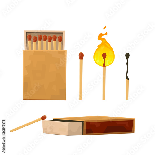 Collection of matches, burning match with fire, opened matchbox, burnt matchstick