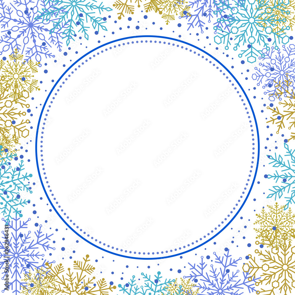 Winter vector frame with blue and golden arabesques and snowflakes. Fine greeting card. Pattern with snowflakes Winter vector frame with blue and golden arabesques and snowflakes. Fine greeting card. Pattern with snowflakes