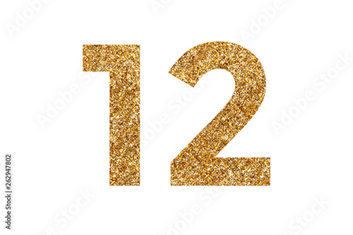 Number 1 and 2. Letters and Numbers from golden grains of sand. English alphabet. Isolated on white background.