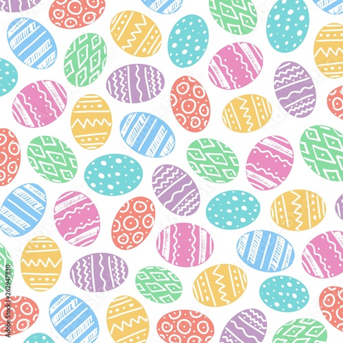 Happy Easter pattern background with colorful eggs. Vector flat celebration illustration