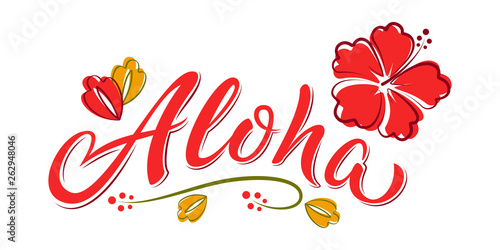 Aloha hand lettering text with hibiscus flower. Hawaii floral t-shirt print. Summer hello phrase in bright colours. Isolated vector template for poster, greeting card, bags, beach party invitation