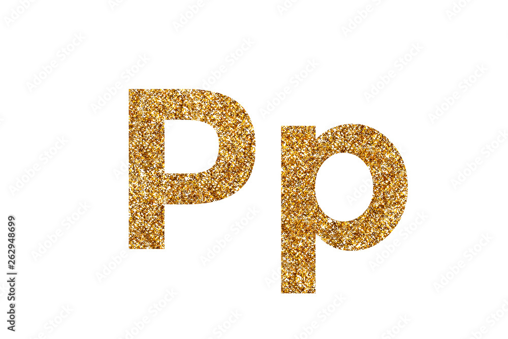 Character P. Letters and Numbers from golden grains of sand. English alphabet. Isolated on white background. Character P. Letters and Numbers from golden grains of sand. English alphabet. Isolated on white background.
