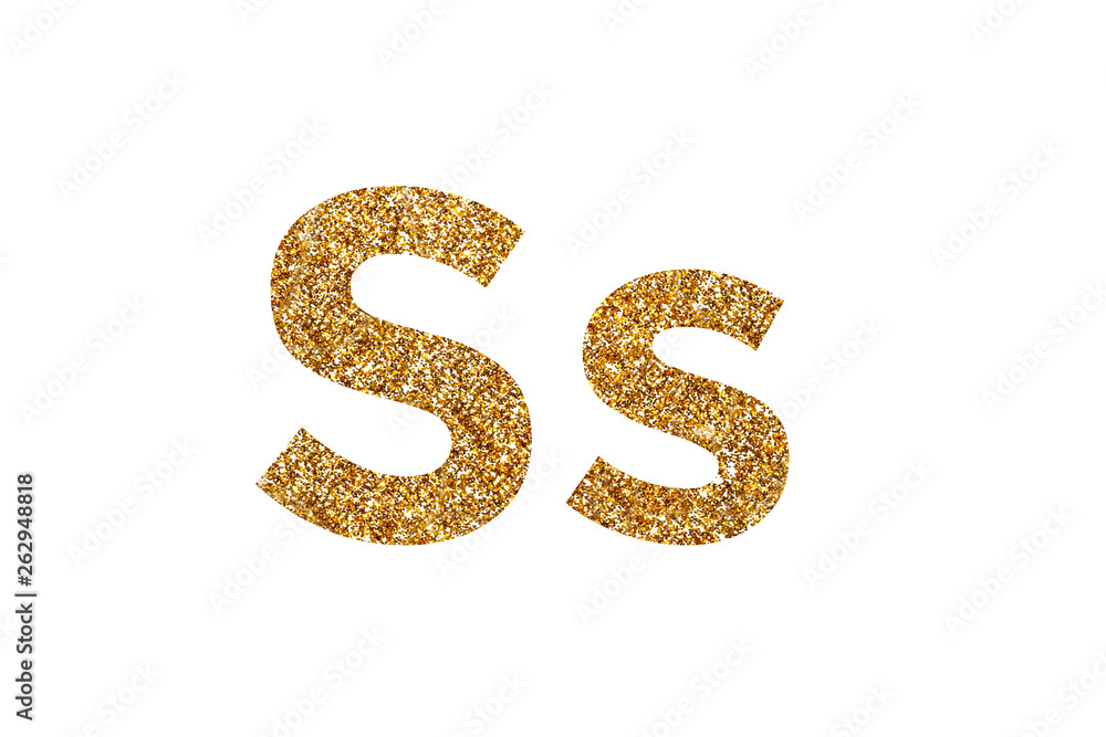 Character S. Letters and Numbers from golden grains of sand. English alphabet. Isolated on white background.