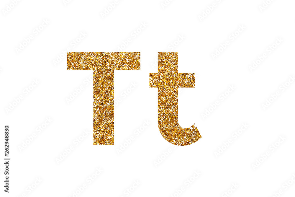 Obraz premium Character T. Letters and Numbers from golden grains of sand. English alphabet. Isolated on white background.