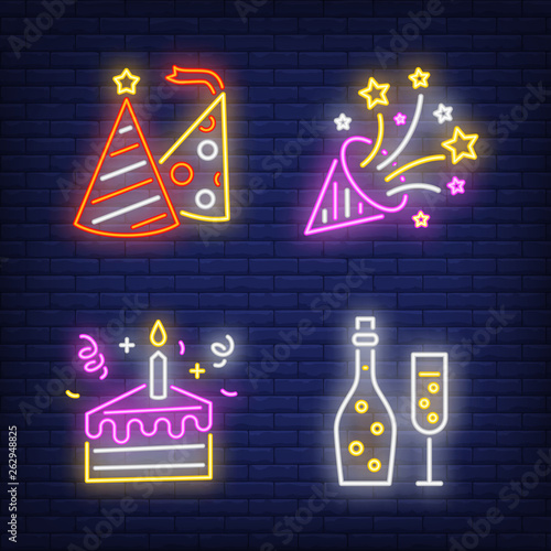 Birthday party neon sign set. Cake with candle