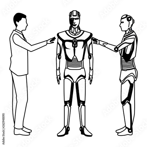 humanoid robot and businessman black and white