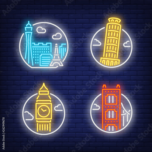 Landmarks neon sign set. Las Vegas, London