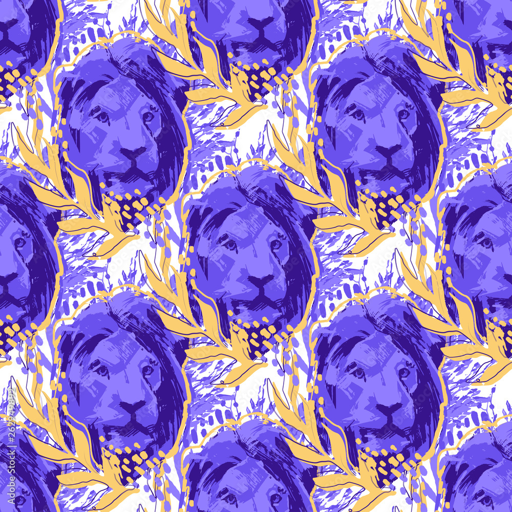 Obraz premium Male lion head decorated with abstract leaves and bushes.