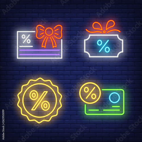 Shopping gift coupons neon sign set. Glowing discount cards