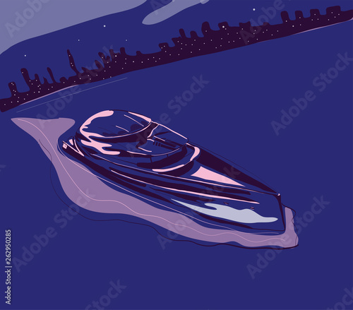 Modern yacht sailing in sea on background of night city vector