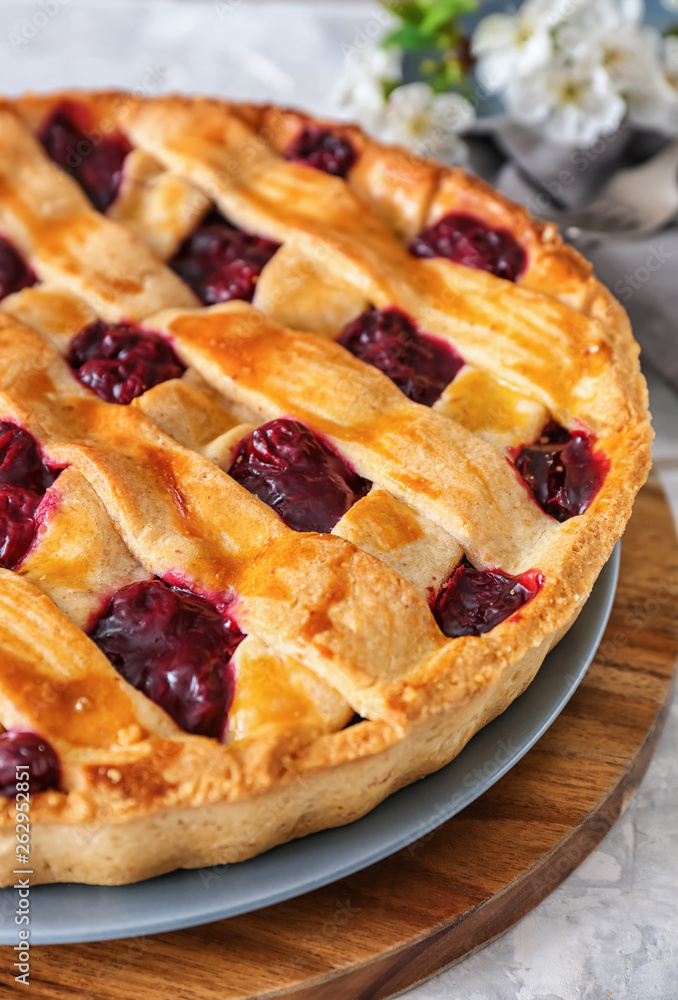 Tasty cherry pie on table, closeup Tasty cherry pie on table, closeup