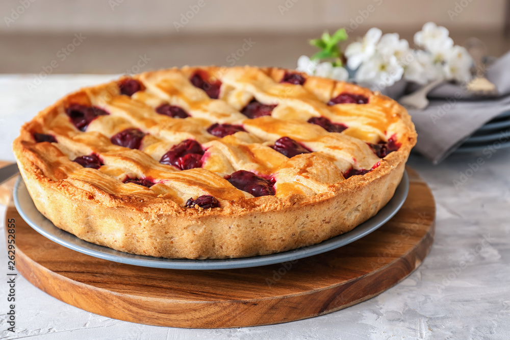 Tasty cherry pie on table Tasty cherry pie on table