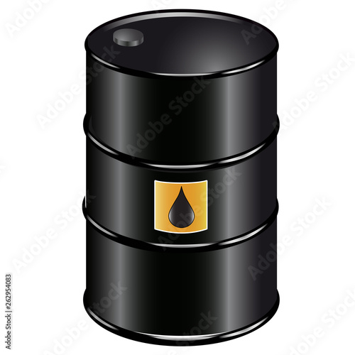 3D illustration of black barrel with orange sticker.