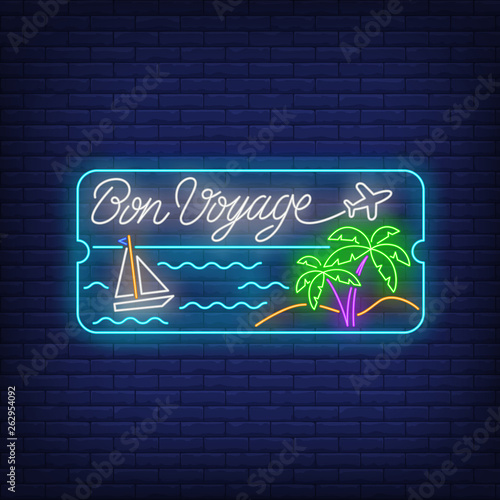 Bon Voyage neon lettering with sea beach, palm trees and ship