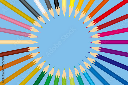 Background of colored pencils regularly arranged in a circle | colored pencil set | plain background | vector data