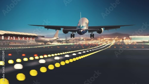 Takeoff plane in the evening. Passenger airplane is takeoff from the airport runway during evening. 4K: Big airliner take off photo