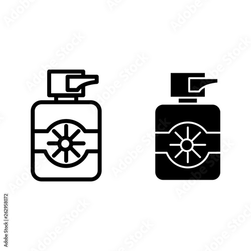 Protection suncream line and glyph icon. Sun lotion vector illustration isolated on white. Bottle of sunscreen cream outline style design, designed for web and app. Eps 10.