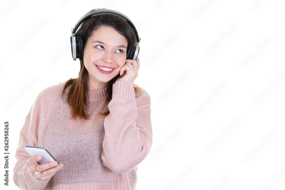 Happy young woman look side with headphones on white background copy space Happy young woman look side with headphones on white background copy space