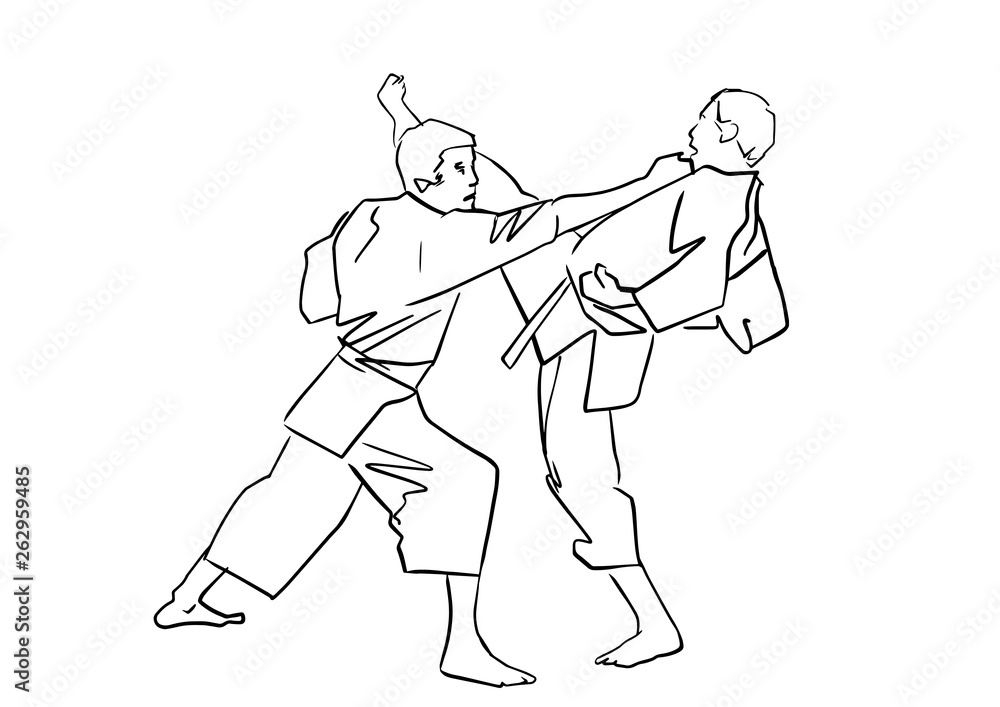 Adult male athletes in kimono. Active poses. Hand drawn outlines. Martial arts. Black contour. Karate or judo fight. Vector silhouettes. Adult male athletes in kimono. Active poses. Hand drawn outlines. Martial arts. Black contour. Karate or judo fight. Vector silhouettes.
