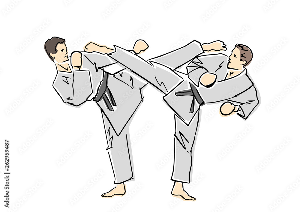 Adult male athletes in kimono. Martial arts. Karate or judo fight. Black contour, isolated