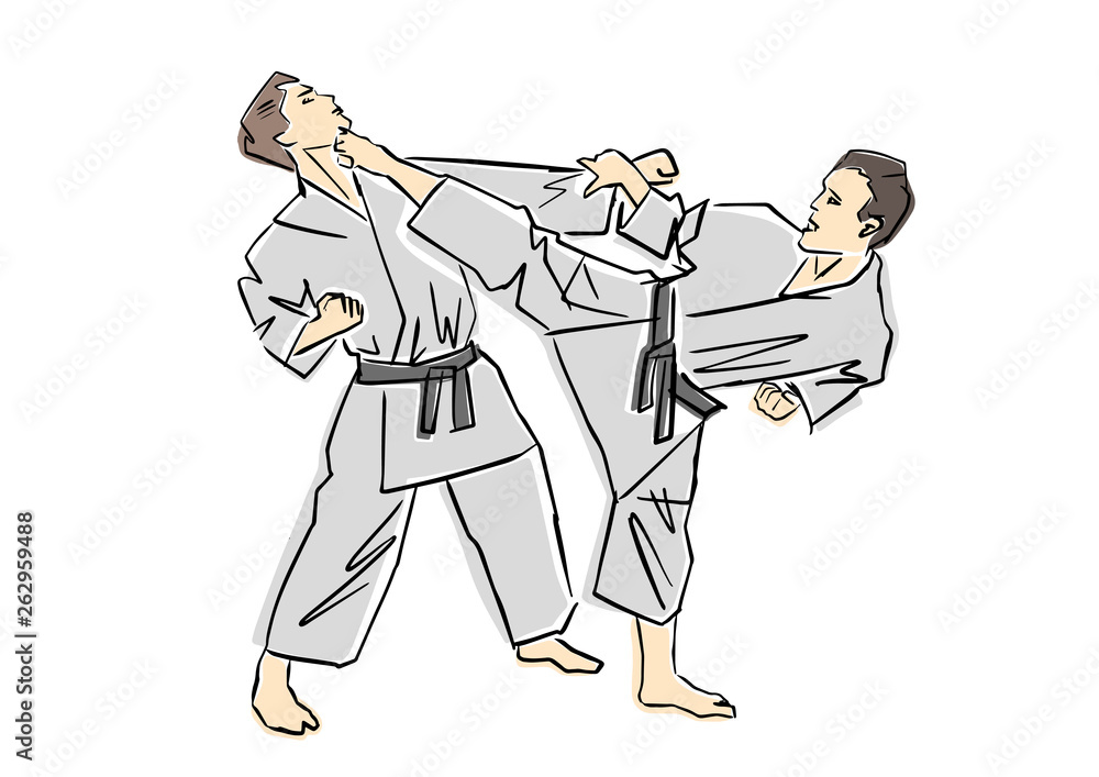 Adult male athletes in kimono. Martial arts. Black contour, isolated colors. Karate or judo fight. Active poses. Vector flat illustration. Hand drawn outlines. Adult male athletes in kimono. Martial arts. Black contour, isolated colors. Karate or judo fight. Active poses. Vector flat illustration. Hand drawn outlines.