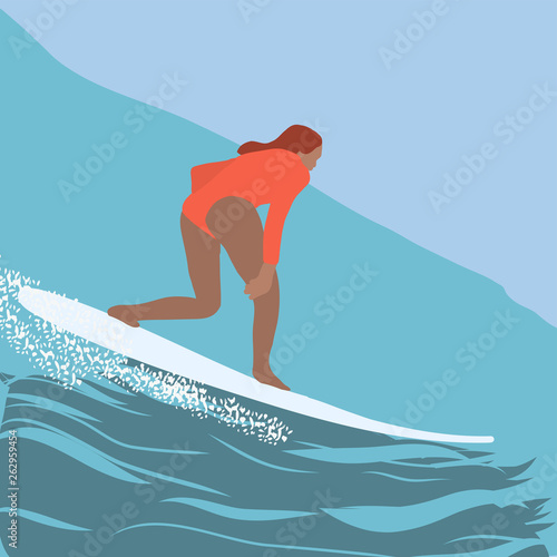Flat style illustration. Summer beach surfing illustration. Longboard women surfing