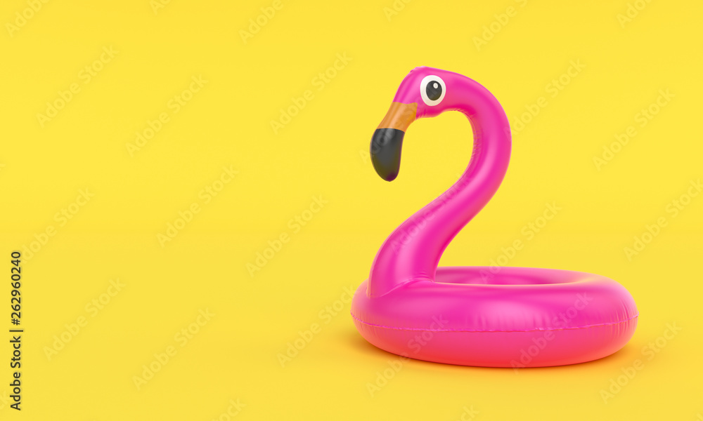 Inflatable flamingo on yellow background, Summer banner concept, 3d rendering Inflatable flamingo on yellow background, Summer banner concept, 3d rendering