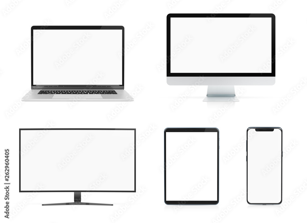 Modern devices with smartphone laptop computer and tablet isolated on white mockup 3D rendering Modern devices with smartphone laptop computer and tablet isolated on white mockup 3D rendering