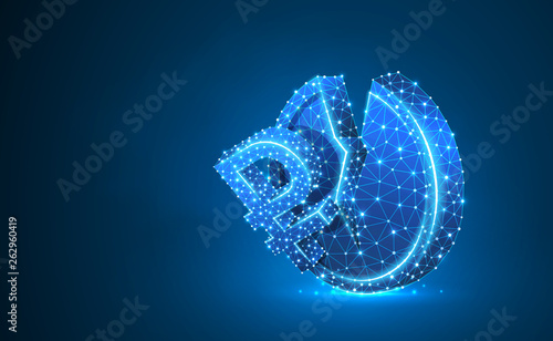 Russian Ruble currency. Neon 3d illustration. Polygonal Vector business, money, unstable finance, market crash, broken circle concept. Low poly wireframe, triangle, lines, dots. Blue background