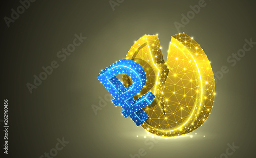 Russian Ruble currency. Golden Coin colorful 3d illustration. Polygonal Vector business, money, unstable finance, market crash, broken circle concept. Low poly wireframe, triangle, lines, dots