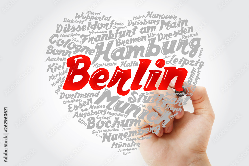 List of cities and towns in Germany composed in love sign heart shape, word cloud collage with marker, business and travel concept background List of cities and towns in Germany composed in love sign heart shape, word cloud collage with marker, business and travel concept background
