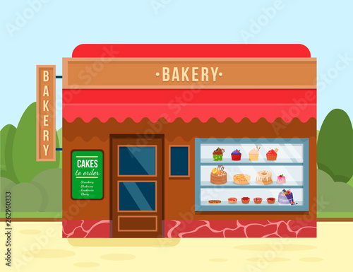 Bakery Shop Building with Sweet Desserts Banner.