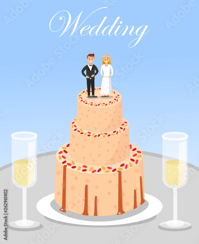 Wedding Celebration Cake and Glasses of Champagne.