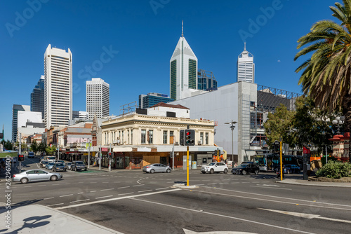Beautiful view of Perth city center, Western Australia, with the moon in the blue sky