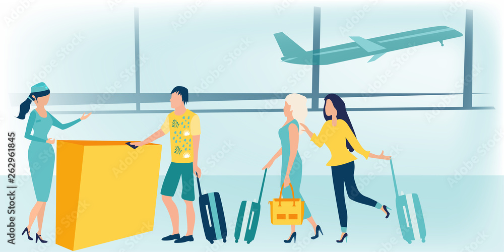 Man and woman standing with luggage at airport check-in counter or registration desk and talking to female worker. Tourists or travelers at airport. Business travel concept. Flat vector illustratation